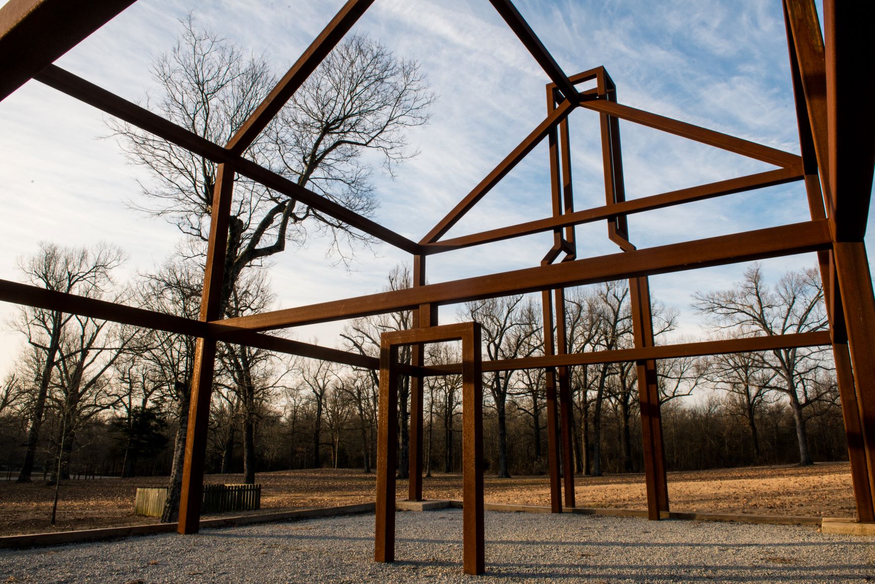 A side view of the steel framed “ghost structure” at Davidsonville Historic State Park which acts as a visual outline representation of where the post office would have been in the town.  