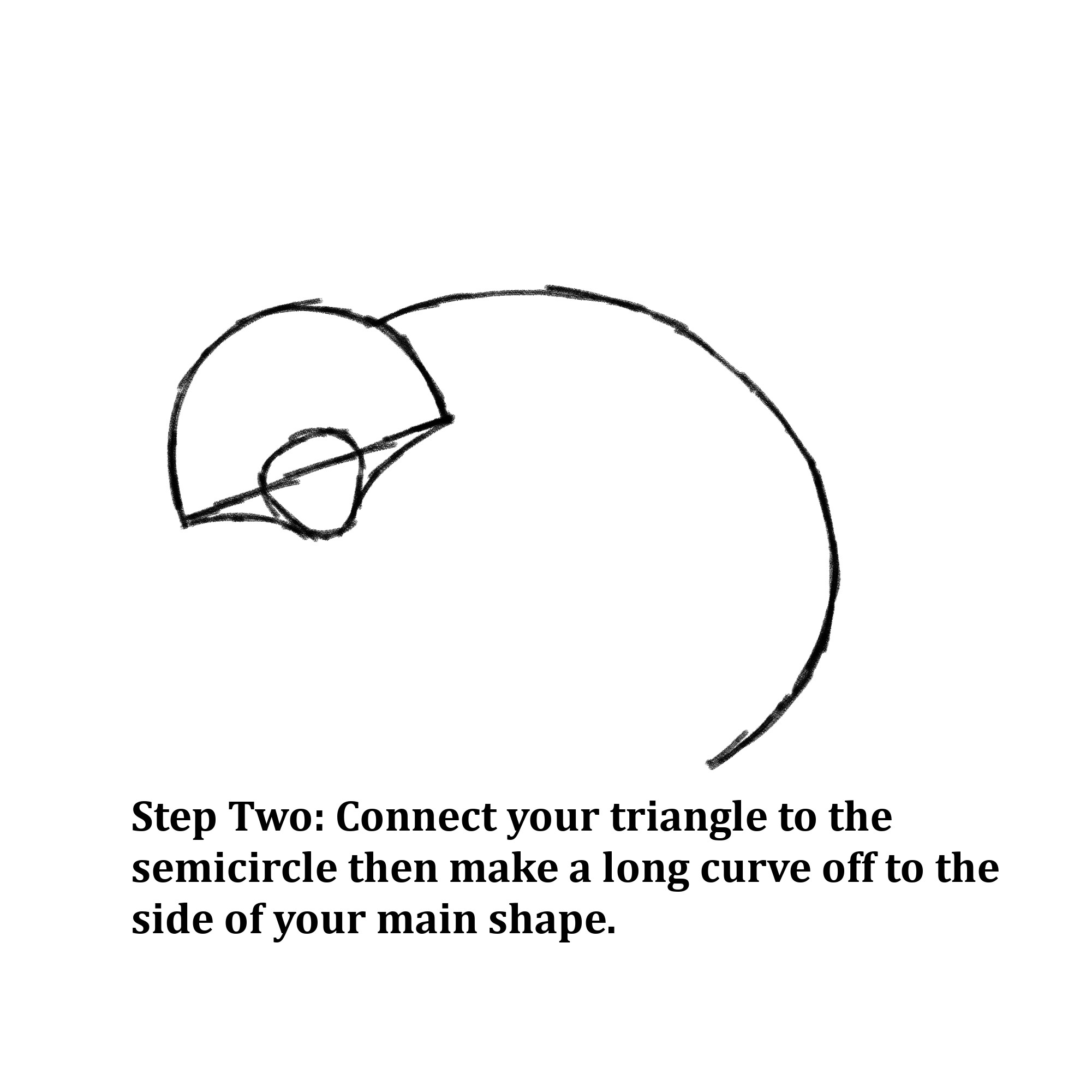 Drawn shapes with text instructions: “Step Two: Connect your triangle to the semicircle then make a long curve off to the side of your main shape.” 