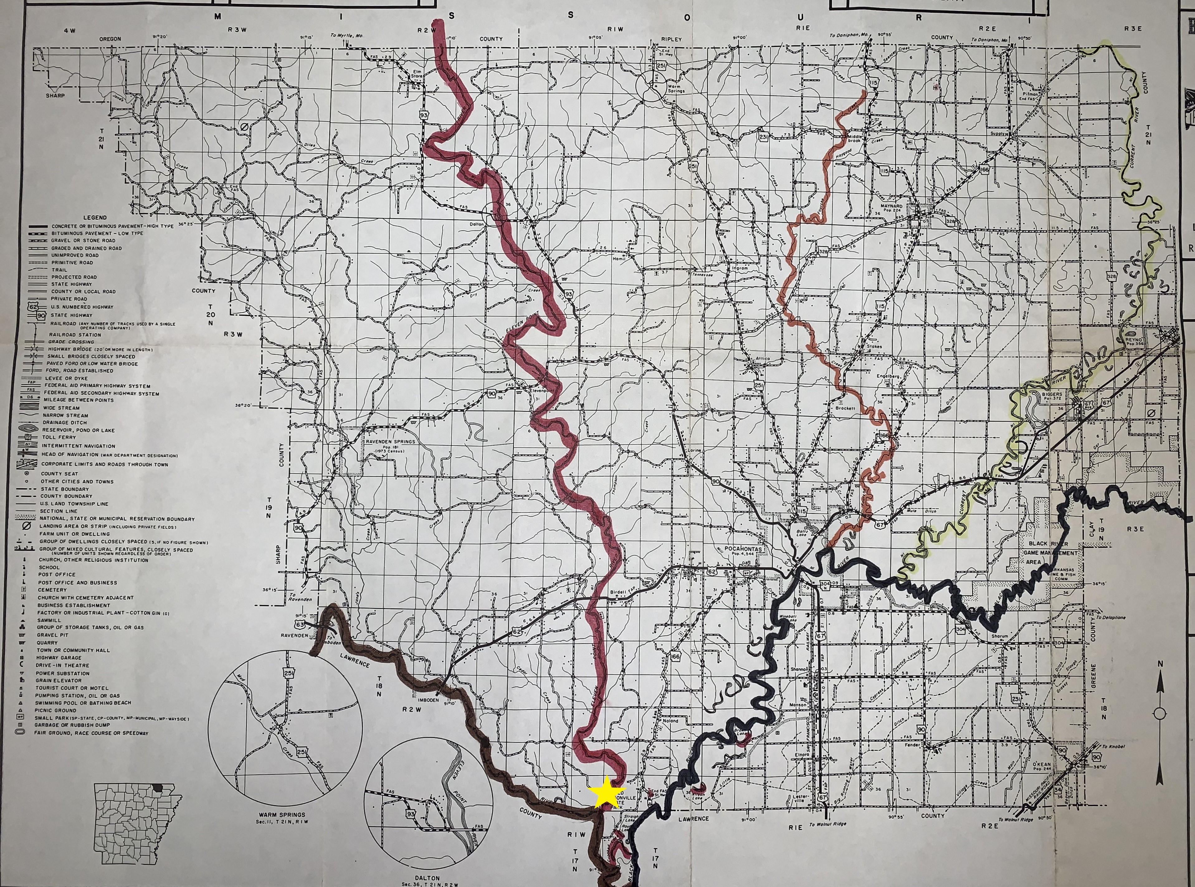 A map of the river system near Davidsonville with a star indicating the townsite’s location.