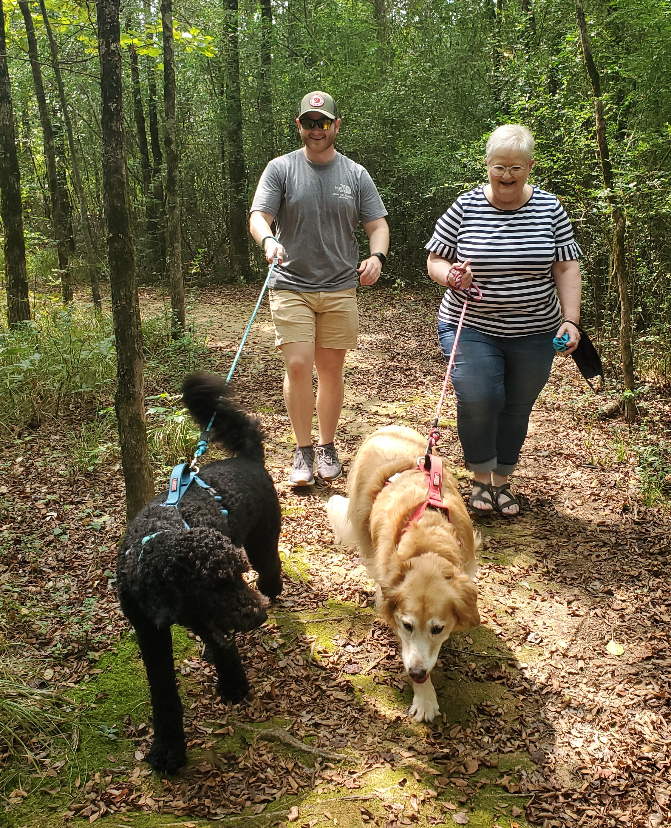 A man with a black goldendoodle and a woman with a golden retriever, walk with their leashed dogs down a trail surrounded by trees.