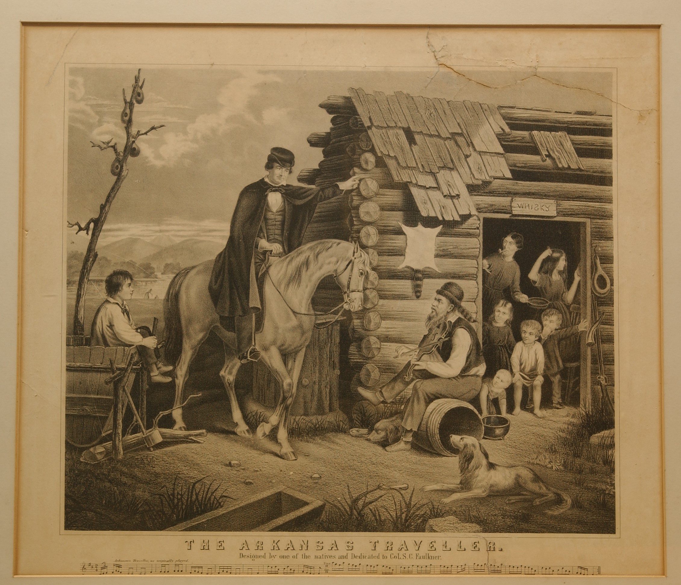 Framed print of The Arkansas Traveler with man on horse greeting eight people at a cabin