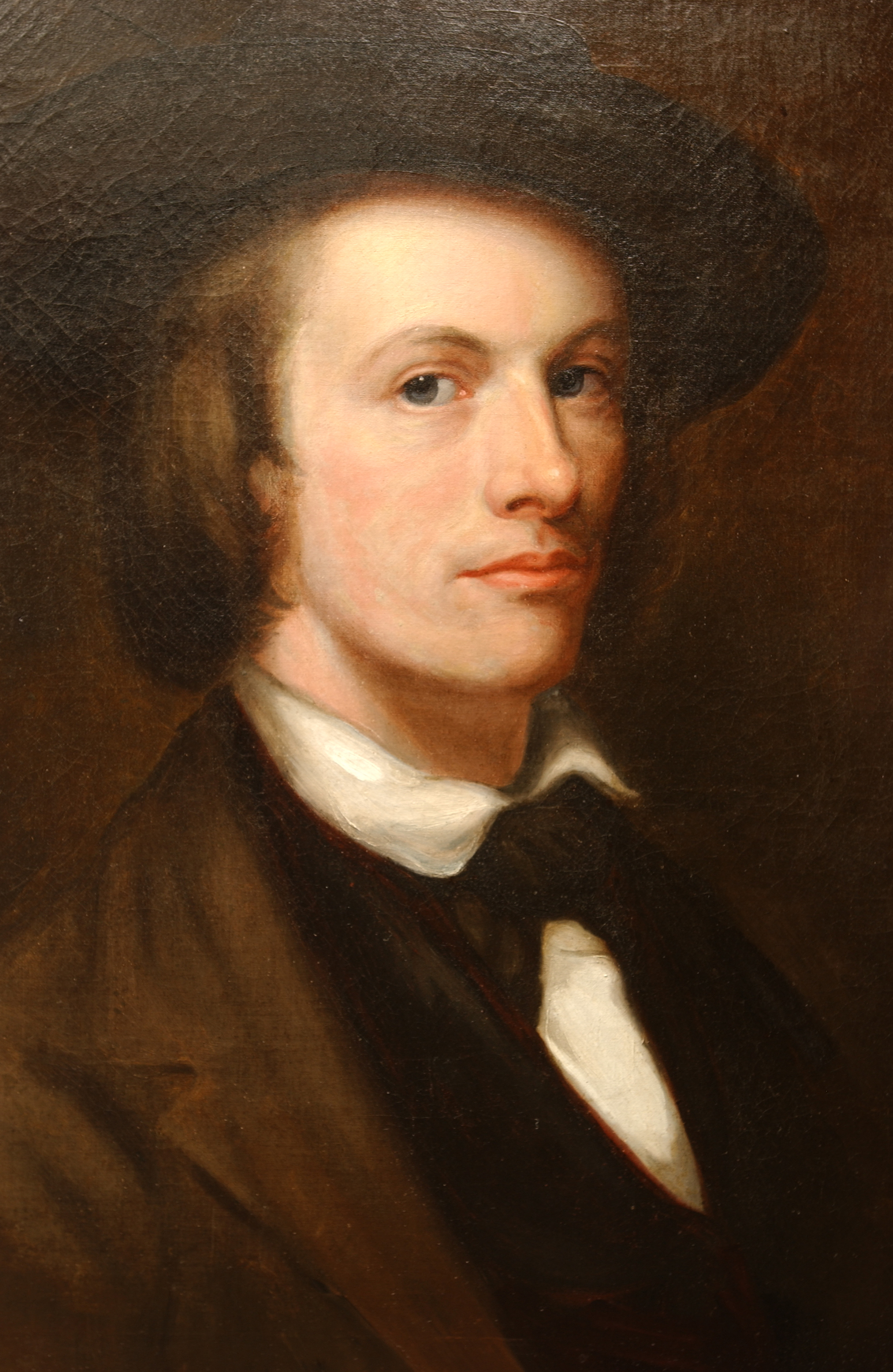 Painted portrait of Edward Washbourne with him looking at viewer with serious face, wearing black suit and hat
