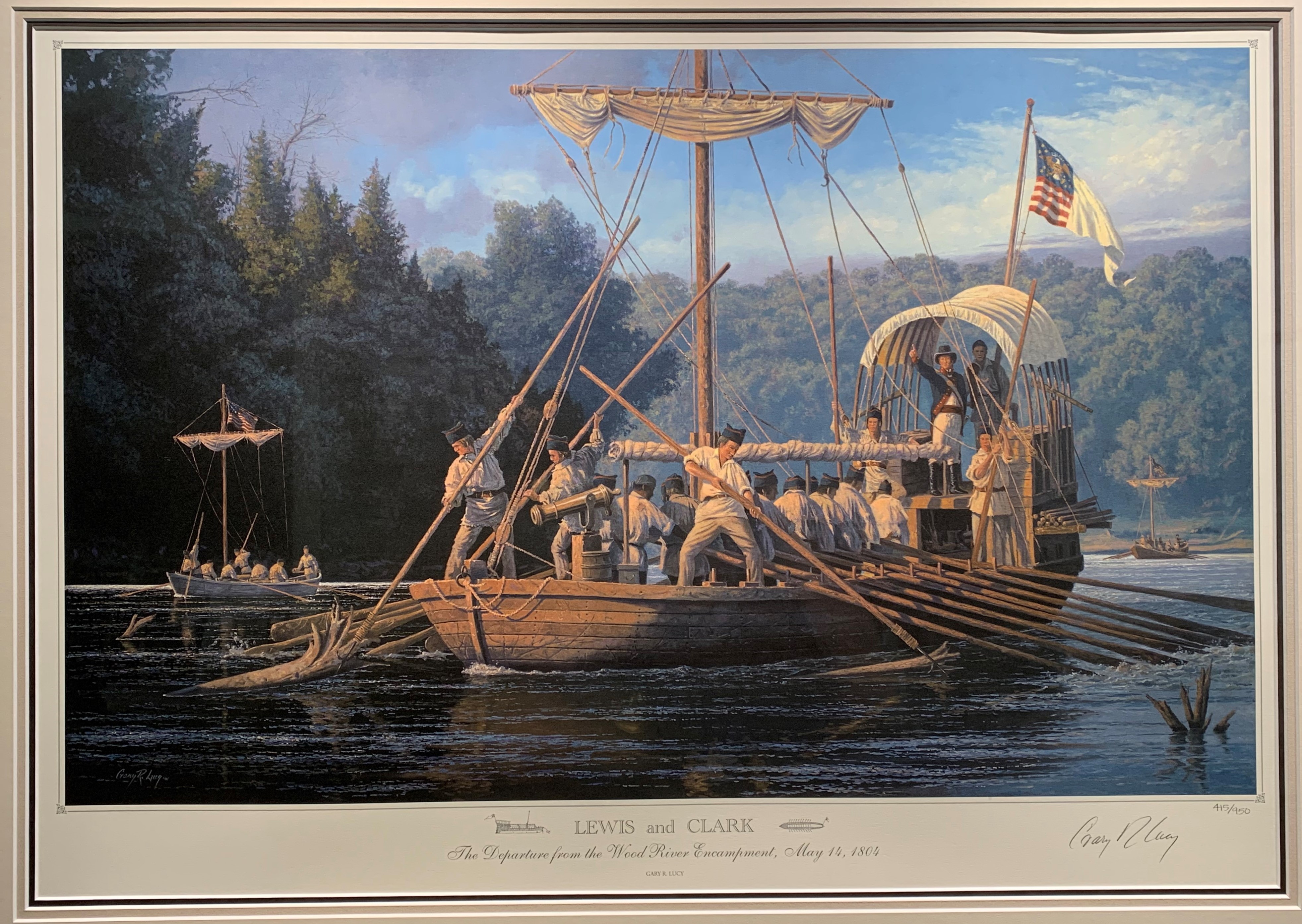 A framed painting of a keelboat going down a river. On board are several men rowing, a few men steering and pushing trees out of the way, and one man pointing which way to go. 