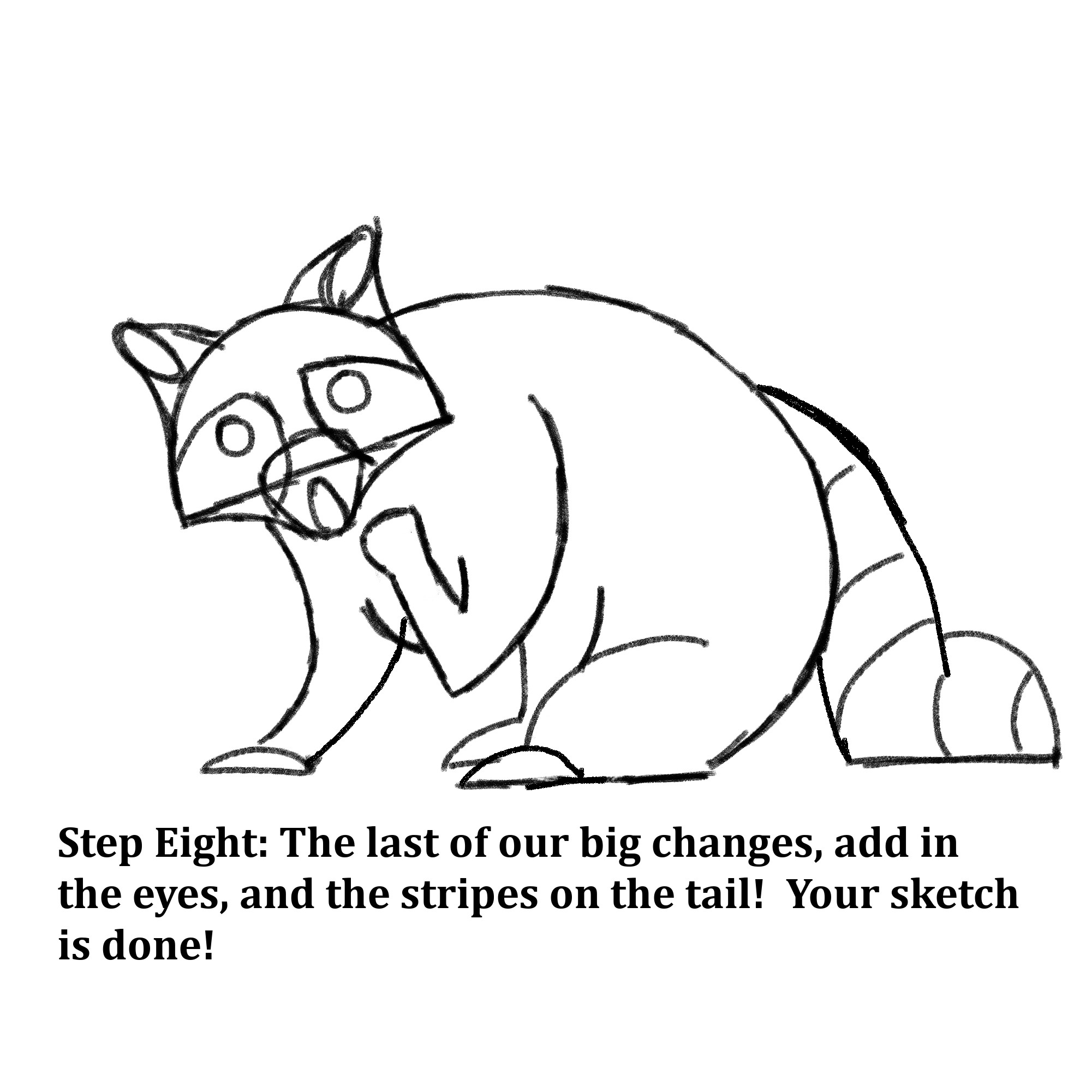 Drawn shapes with text instructions: “Step Eight: For the last of our big changes, add in the eyes and the stripes on the tail. Your sketch is done!” 