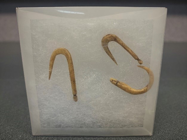 Close view of three bone fishhooks on display on a white background.