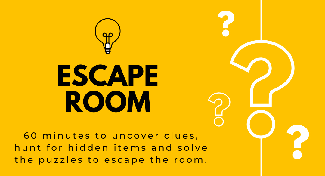 yellow background with question marks and a light bulb that says escape room
