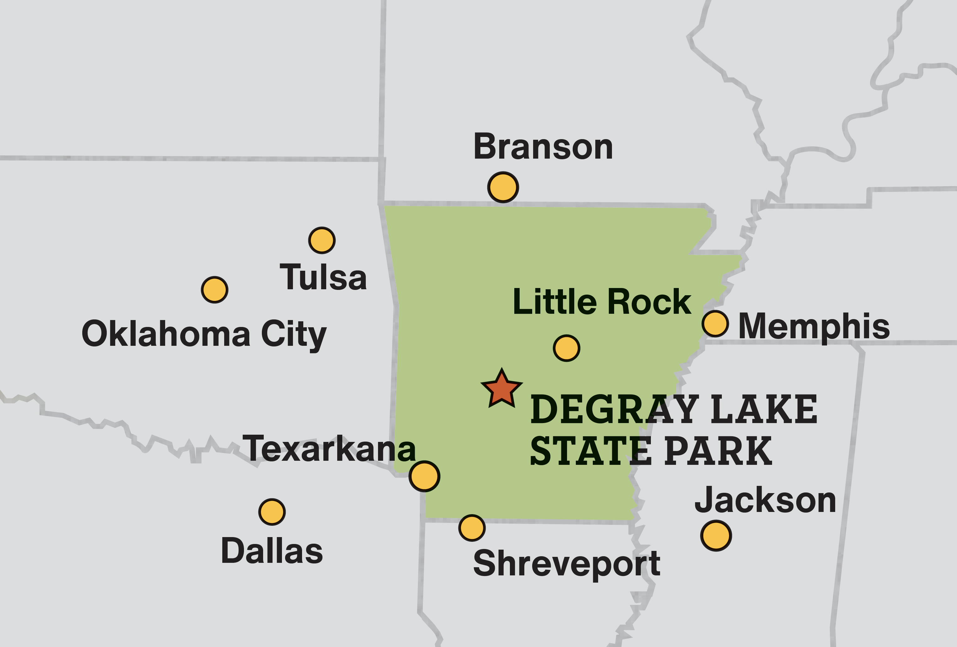 Map of driving times from surrounding areas to DeGray Lake Resort State Park