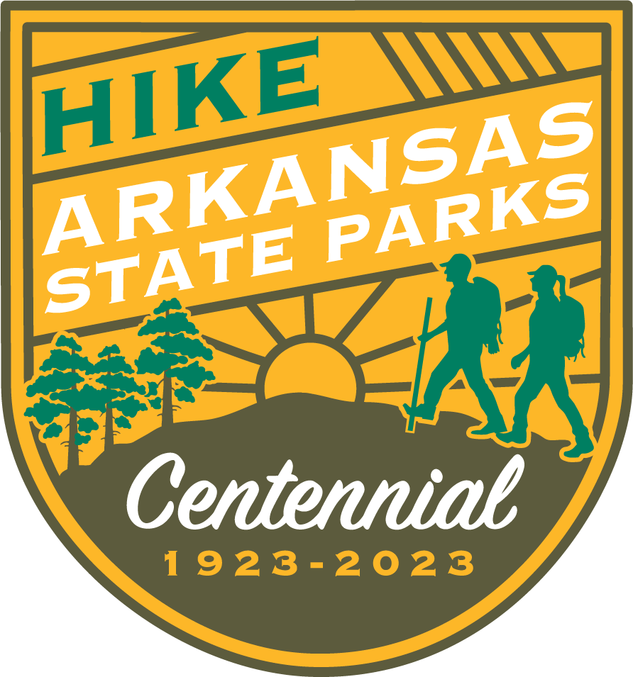 First Day Hike image of the sticker that is green and white, has two hikers and says Hike Arkansas State Parks 