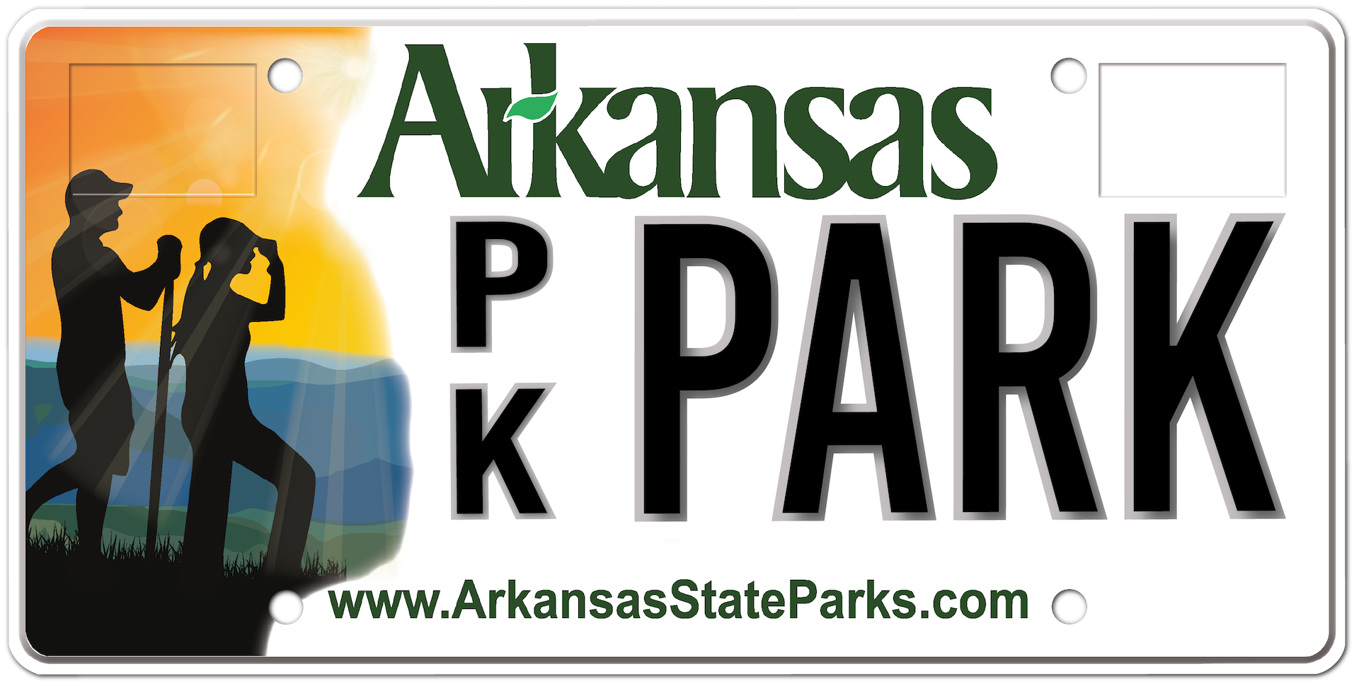 The Arkansas Parks specialty license plate that shows the silhouette of two hikers and says "Arkansas Park"