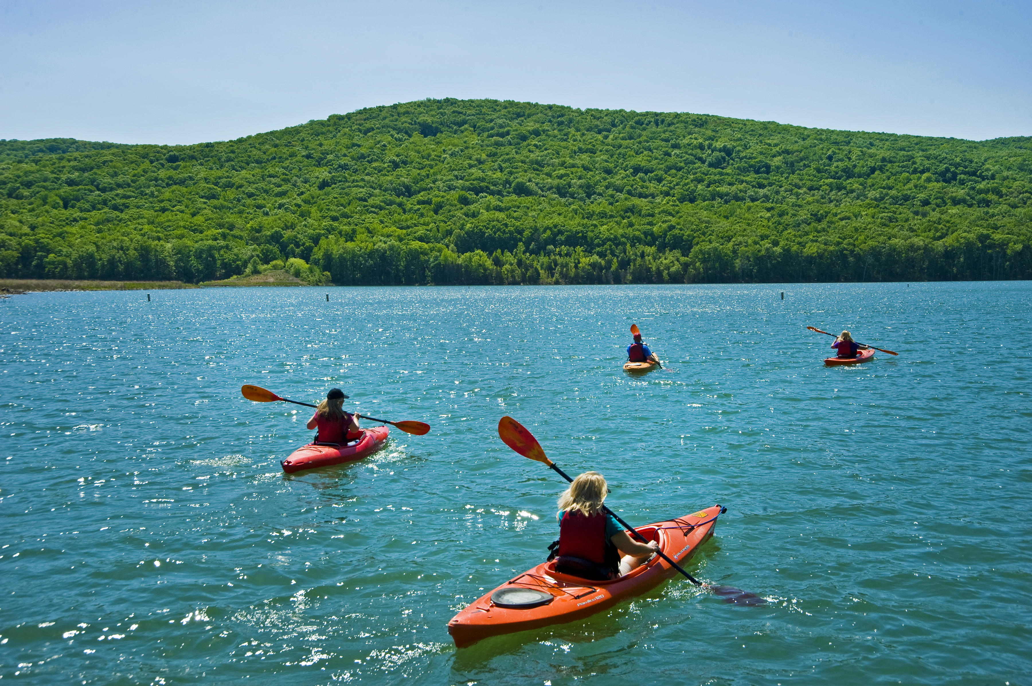 Kayaks paddle along the serene waters of Lake Fort Smith State