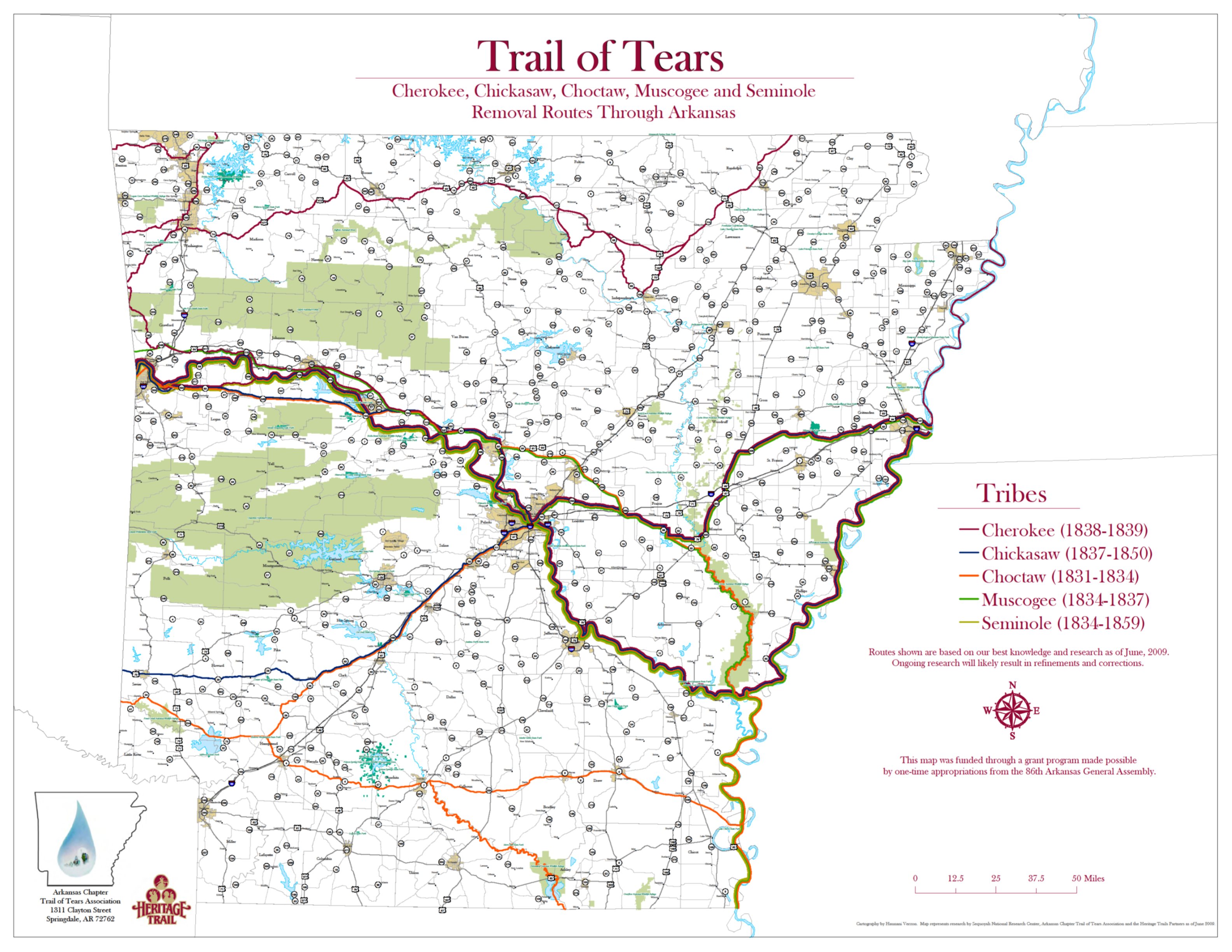 Map of the removal routes used by the five Southeastern tribes that removed to present day Oklahoma. Courtesy of Arkansas Chapter of the Trail of Tears Association.
