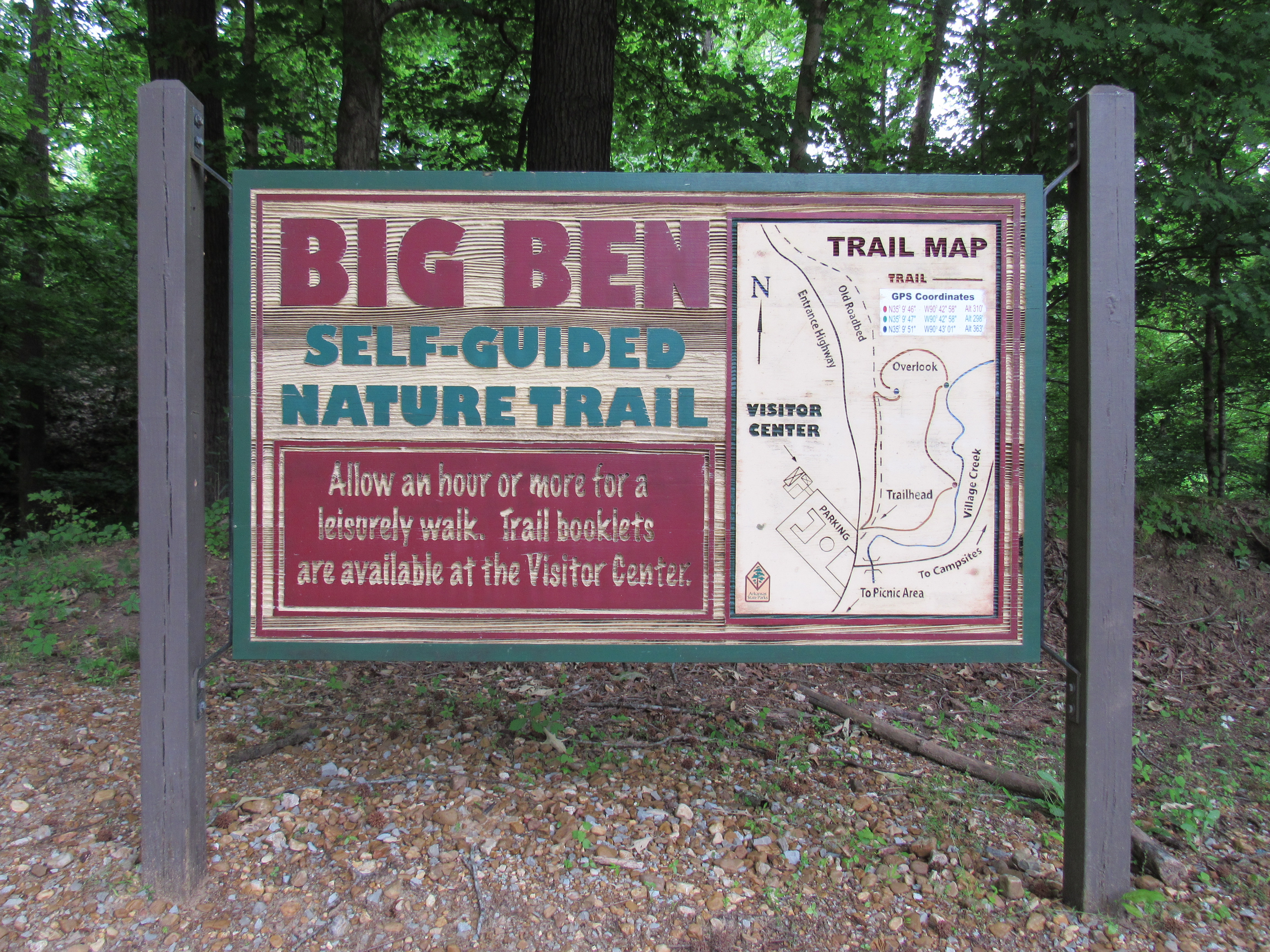 Big Ben Self-Guided Nature Trail sign reads: Allow for an hour or more for a leisurely walk. Trail booklets are available at the Visitor Center.  