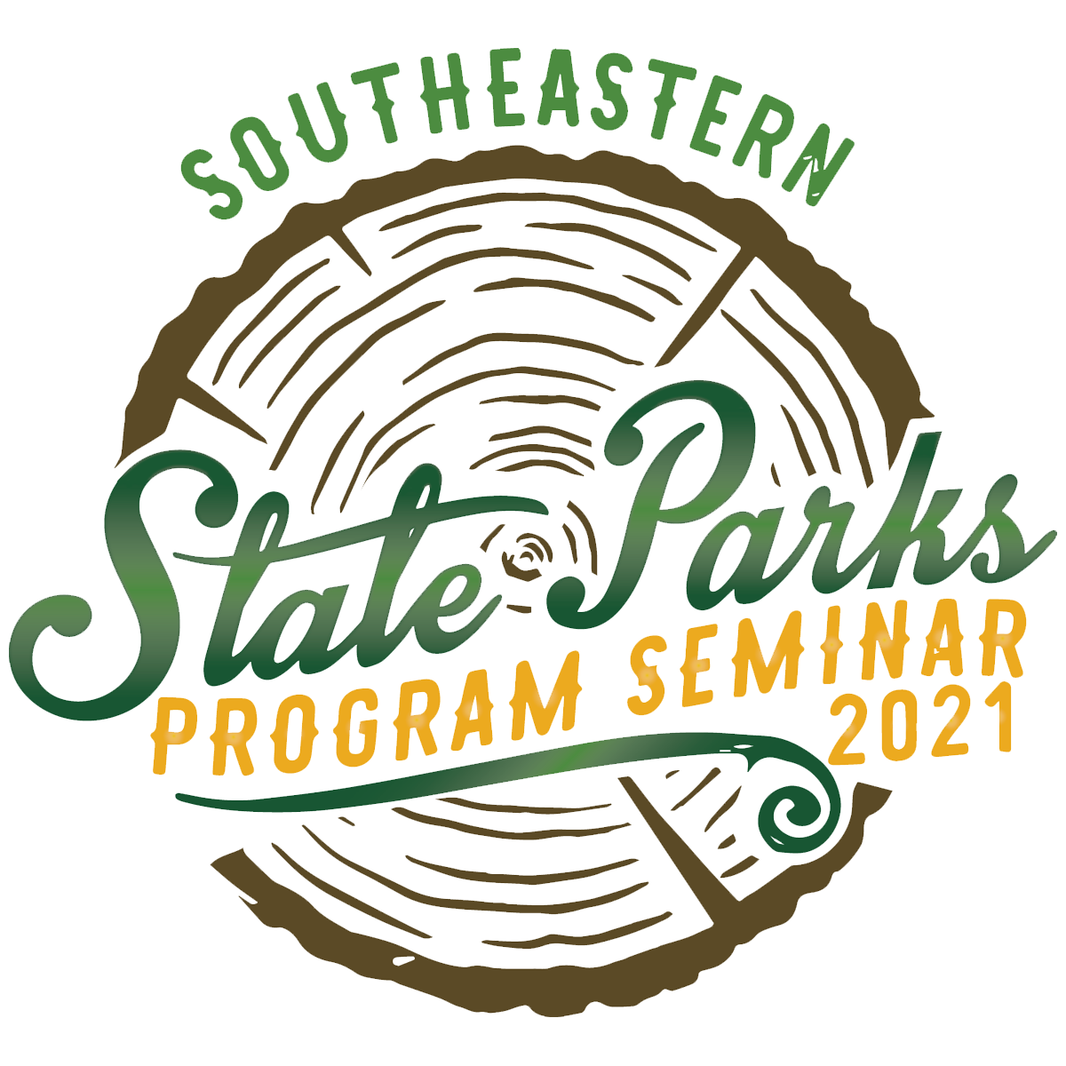 Southeastern State Parks Program Seminar 2021 logo (green writing over front of a wood disc)