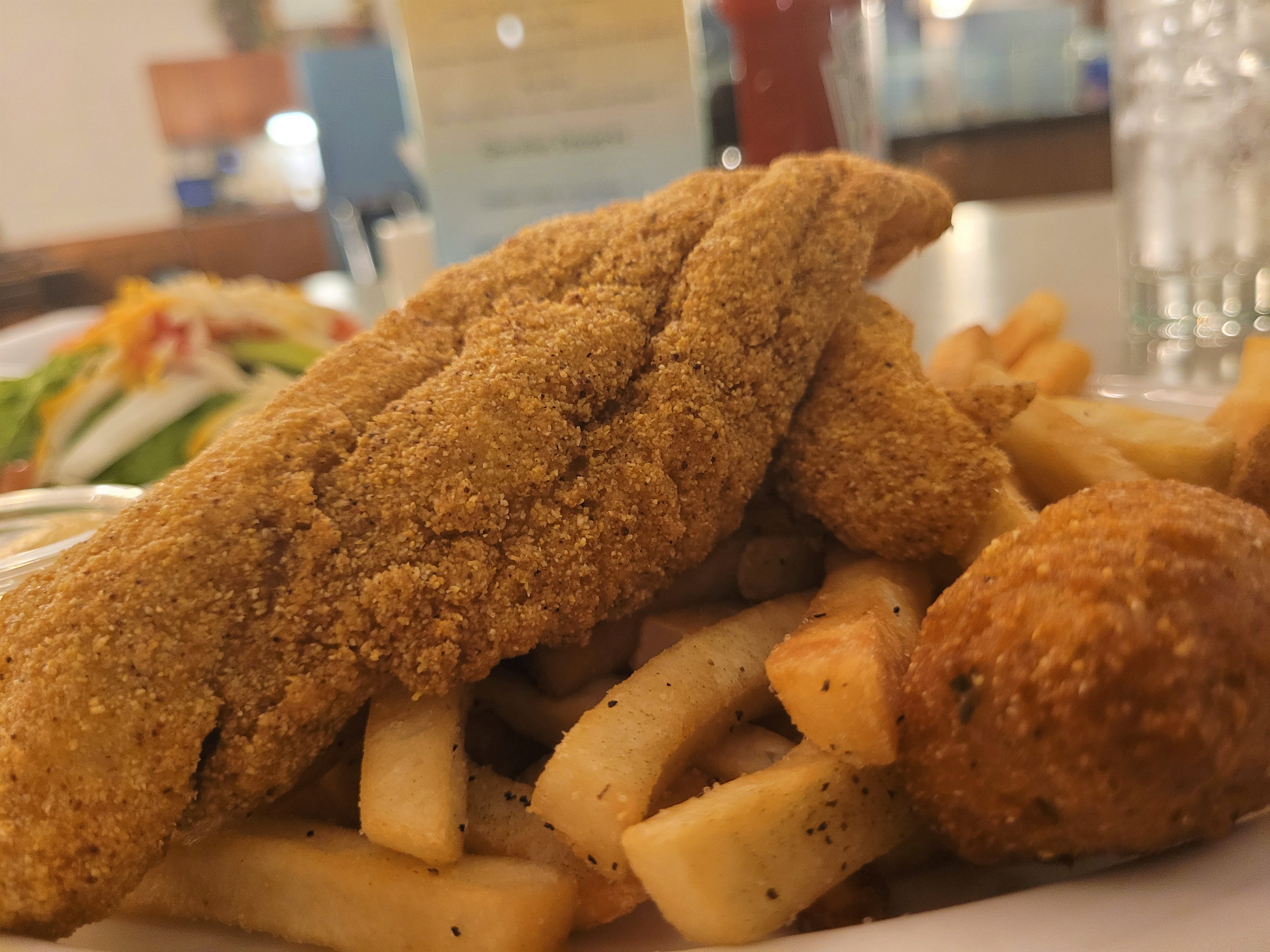 Catfish, fries and hush puppies