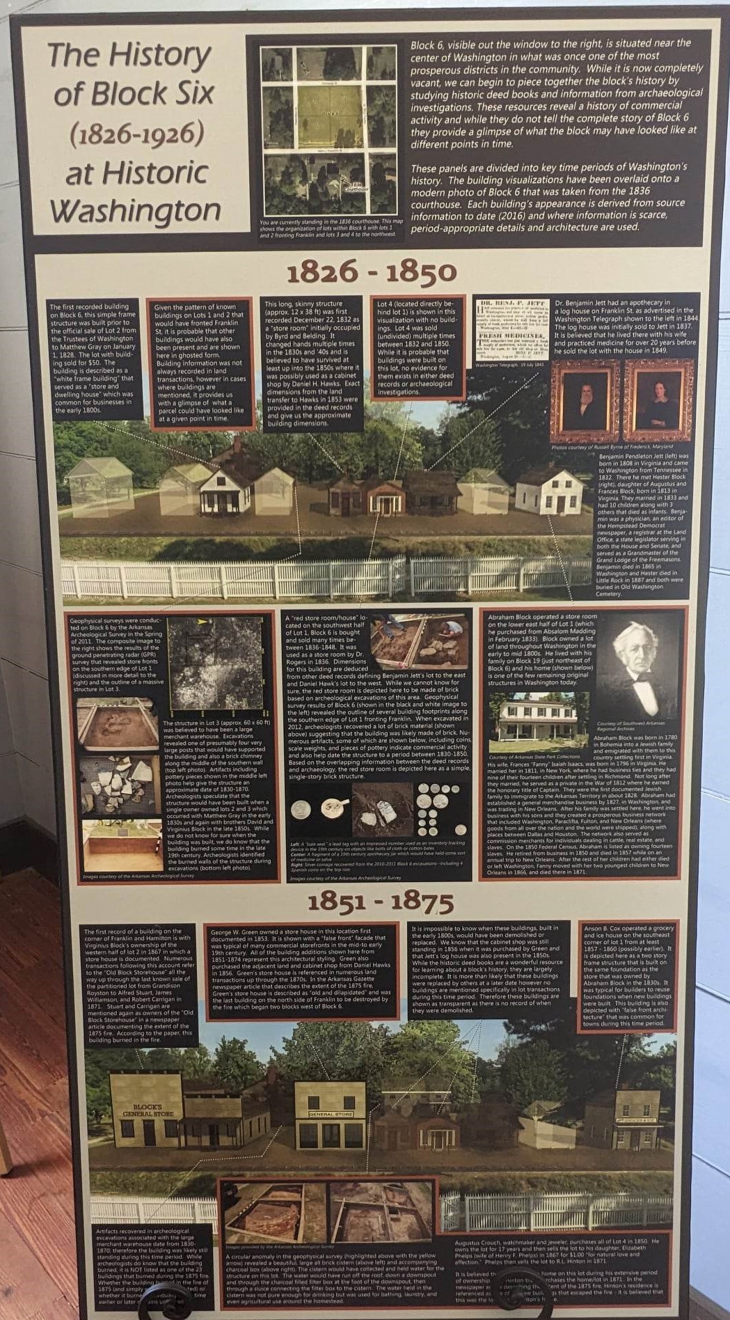 interpretive panel listing the history of block 6 at Historic Washington State Park