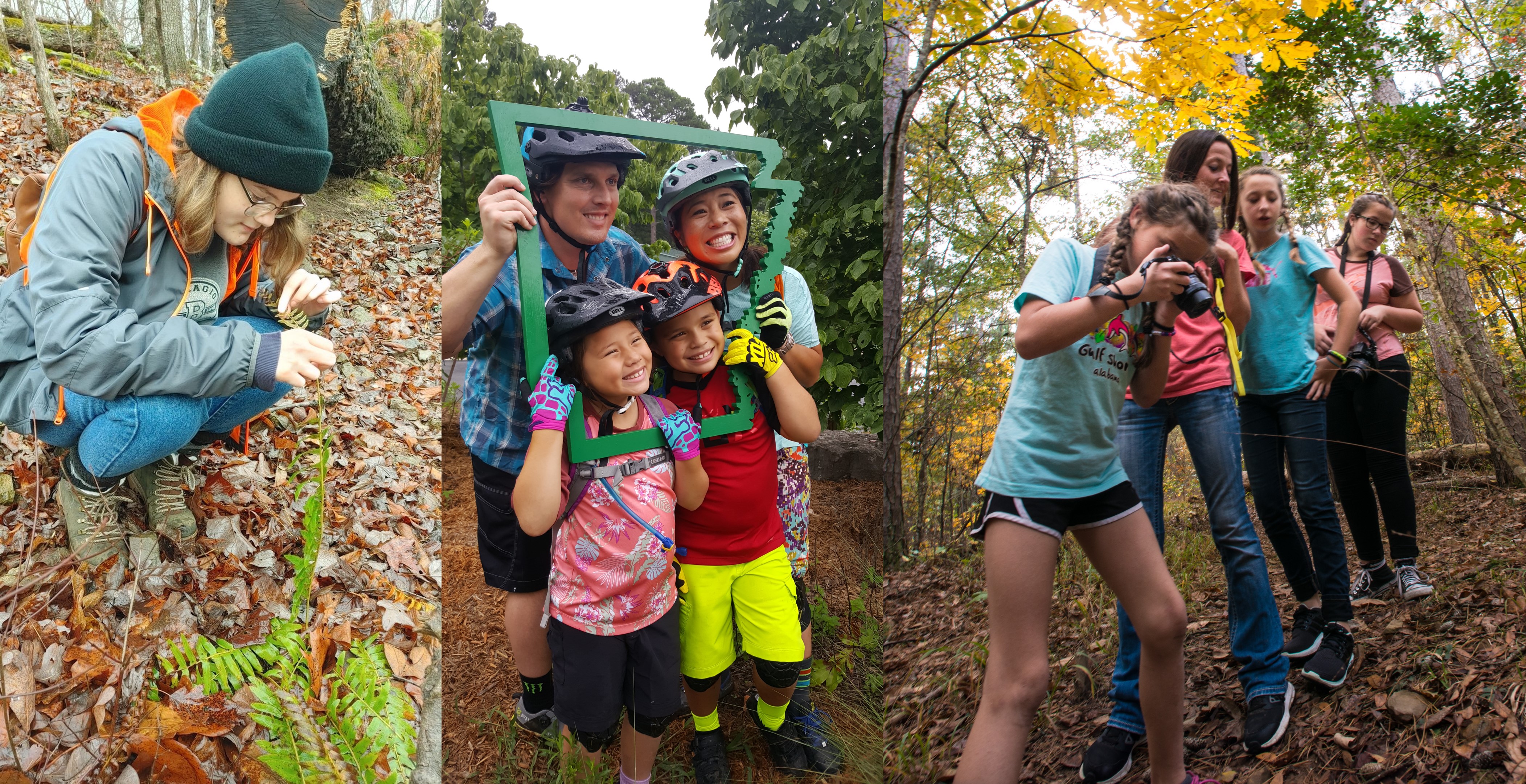 Three-part photo collage, left to right: Young person crouched down in forest examining a fern leaf up close; a family of four wearing mountain bike helmets and gloves, smiling inside a handheld frame in the shape of Arkansas with woods behind them; a family of four walking and talking in the forest looking at the ground while one aims a camera.