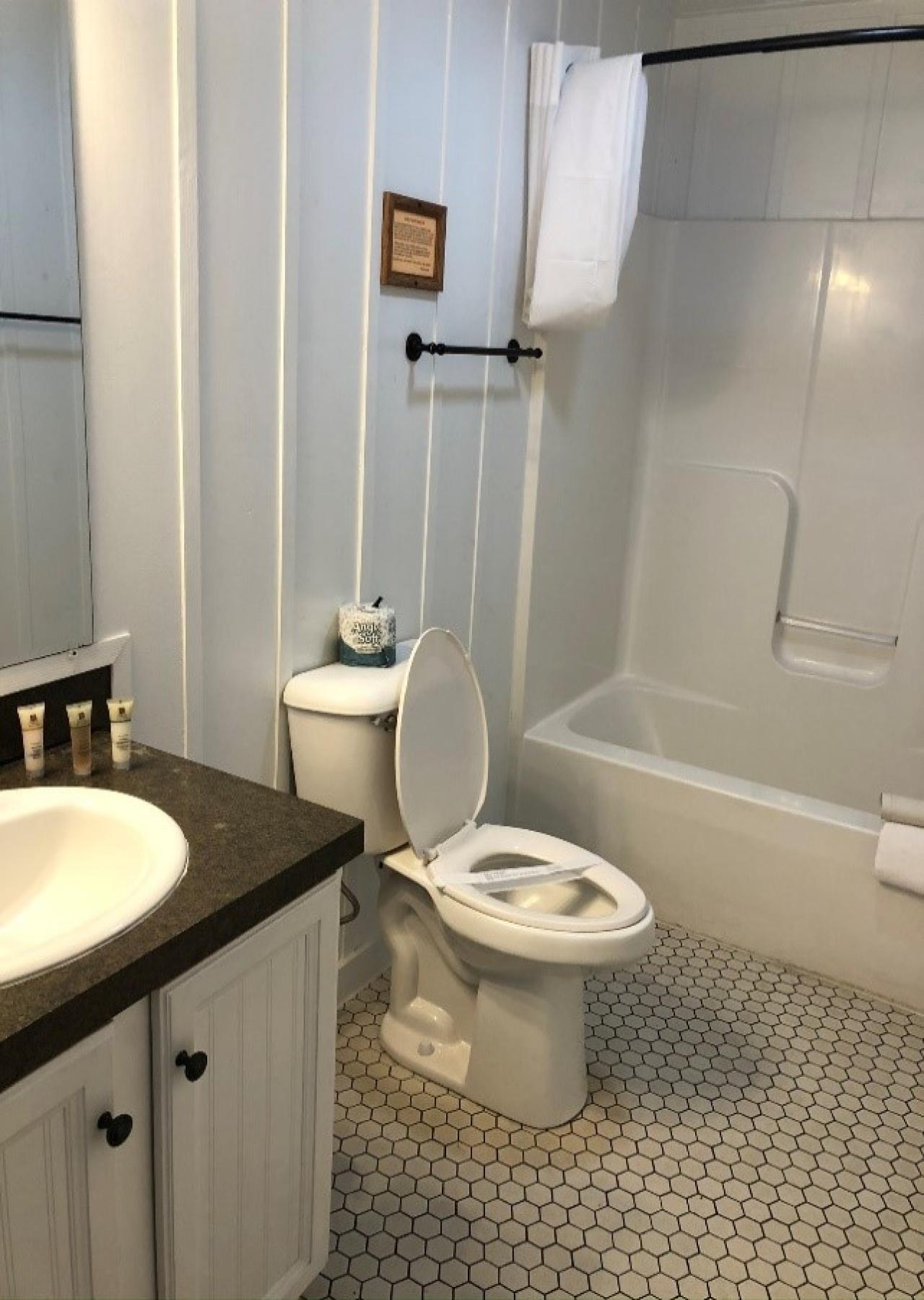 A full bathroom in Cabin 4 at Mount Nebo State Park