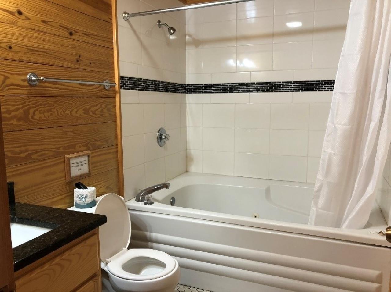 A full bathroom with jacuzzi tub at Cabin 5 at Mount Nebo State Park