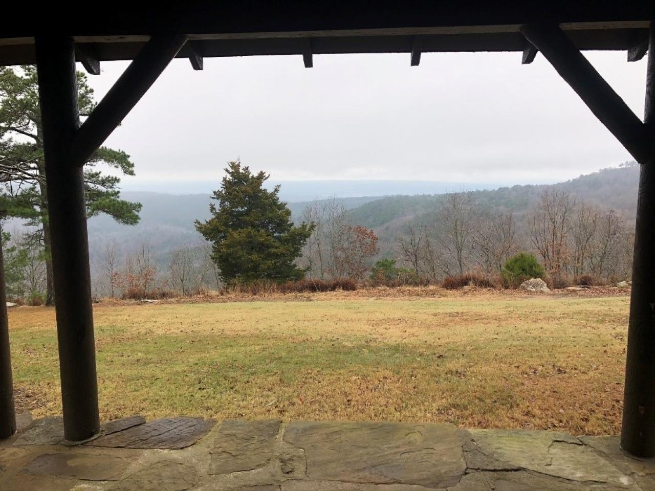 A view from the covered back porch at Cabin 8 at Mount Nebo State Park
