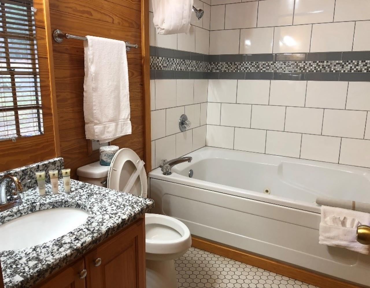 A full bathroom with Jacuzzi tub at Cabin 8 at Mount Nebo State Park