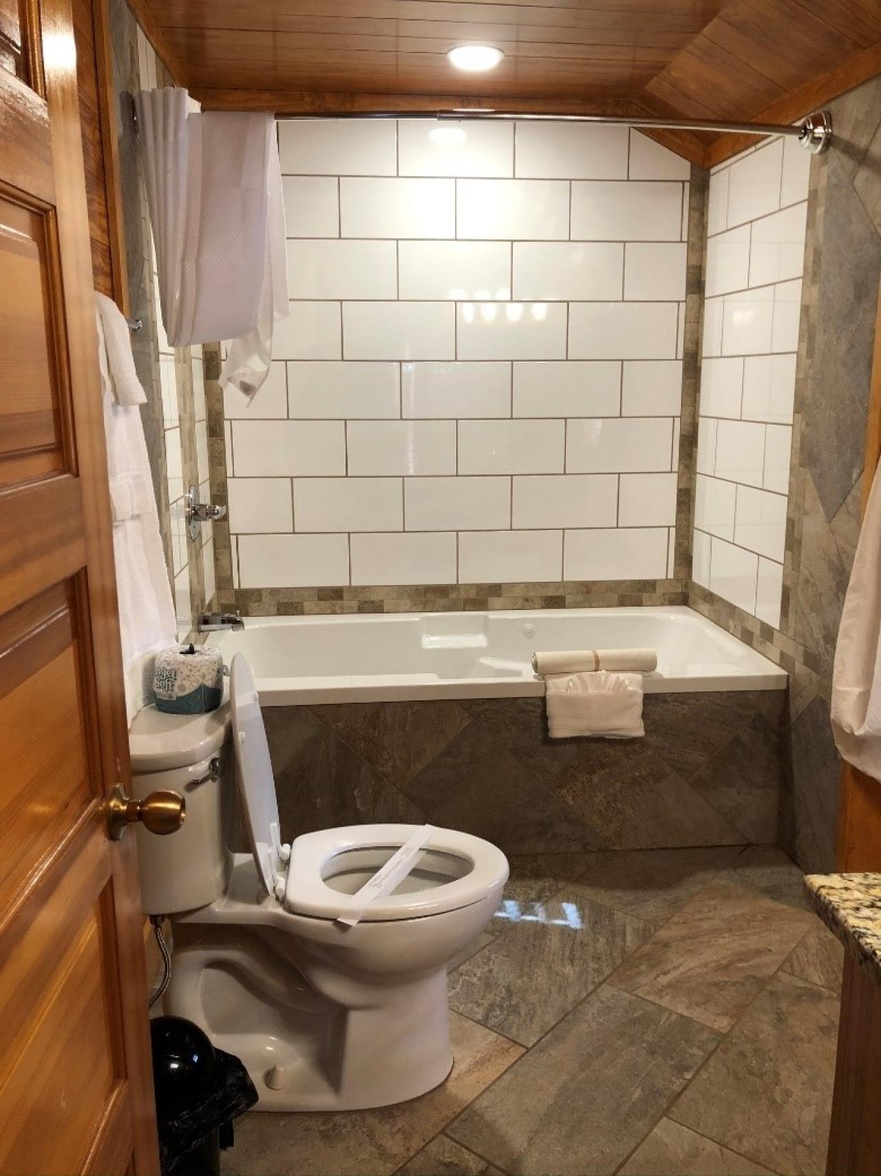 A full bathroom with Jacuzzi tub at Cabin 9 at Mount Nebo State Park