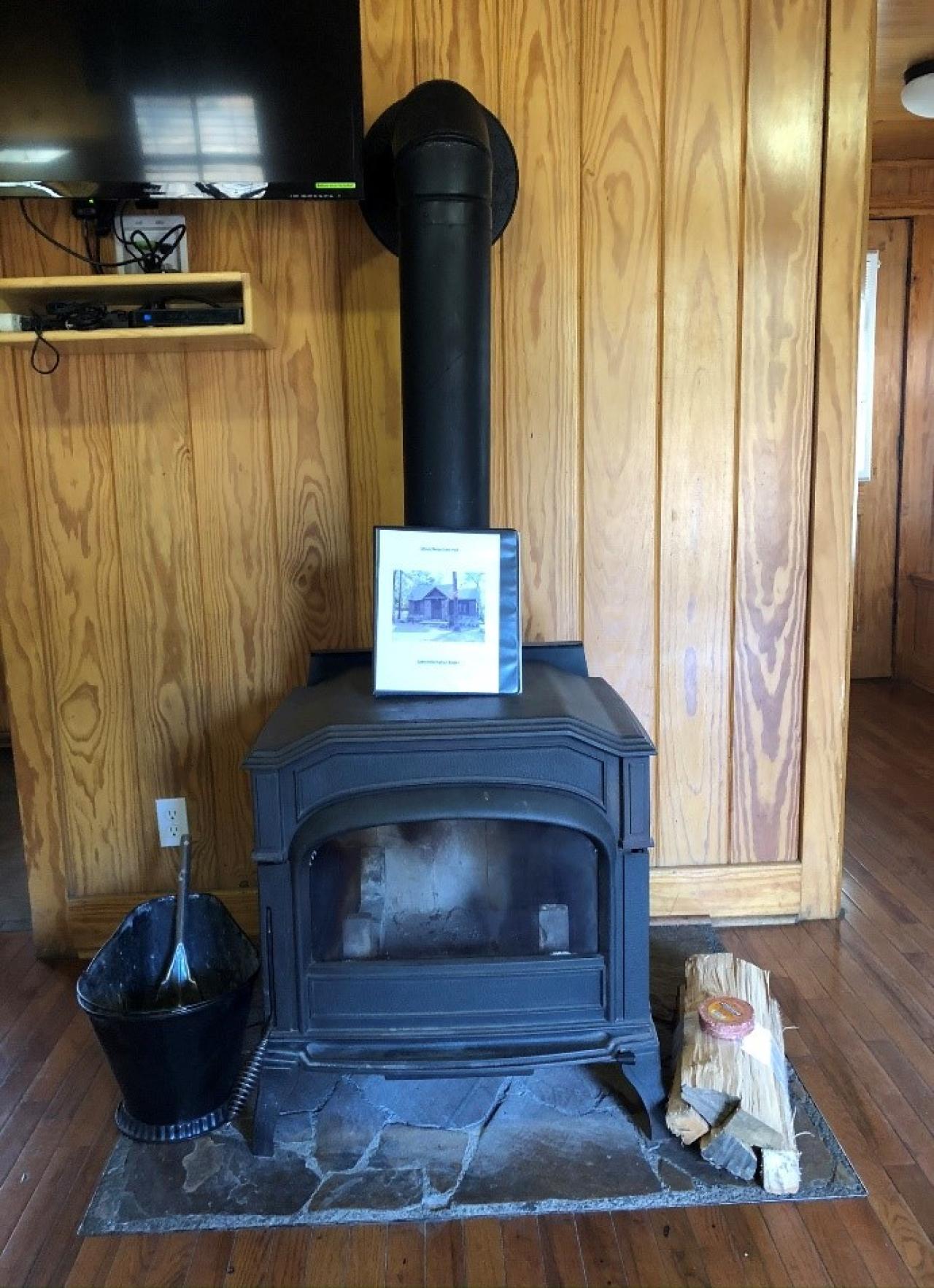 The woodstove at Cabin 13 at Mount Nebo State Park