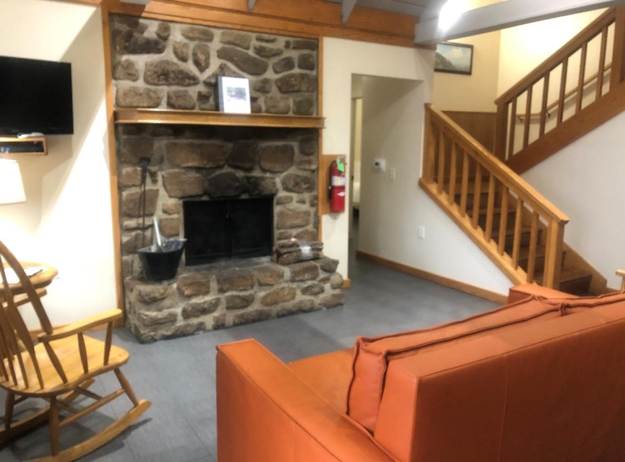 A view of the seating area and indoor fireplace in the living room at Cabin 7 at Mount Nebo State Park