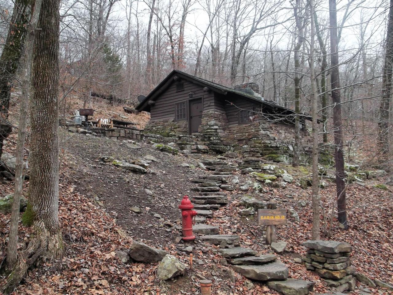 An exterior view of cabin 16 including a stone staircase leading to the front door and outdoor seating area with outdoor grill