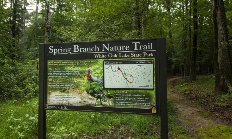 Sign for the Spring Branch Nature Trail at White Oak Lake State Park