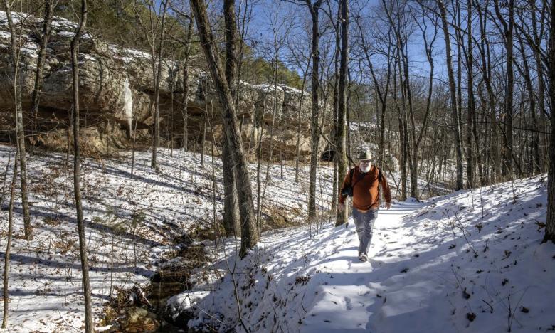 A winter hike on the Seven Hollows Trail at Petit Jean State Park.
