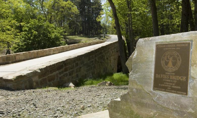 A marker for the Davies Bridge at Petit Jean State Park.