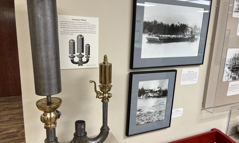 A steamboat whistle on display at Lower White River Museum State Park.