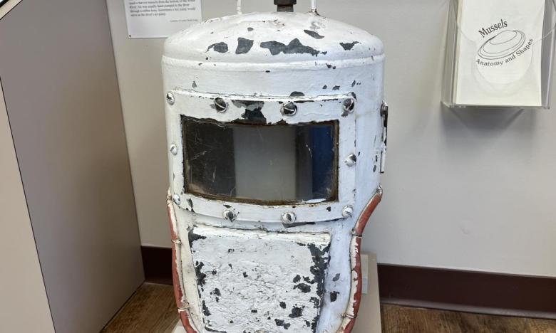 Homemade diving helmet on display at Lower White River Museum State Park. The helmet was used to get mussels from the White River.