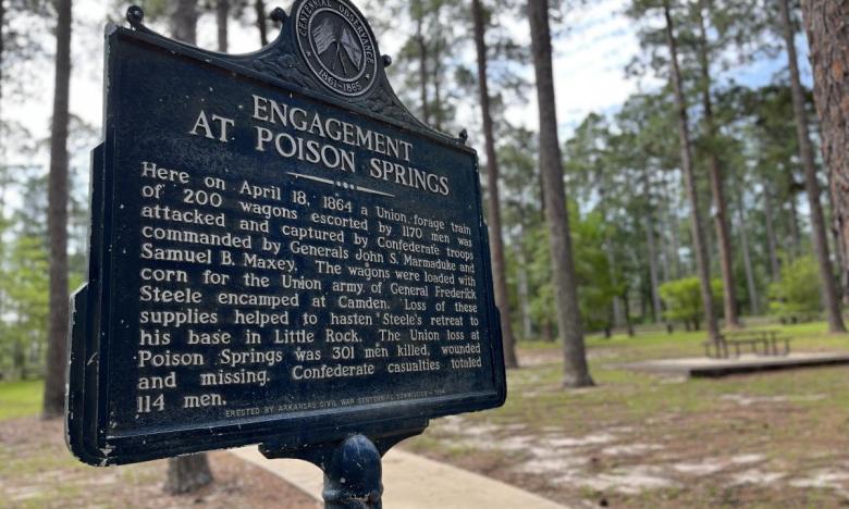 Historical marker at Poison Springs Battleground State Park.