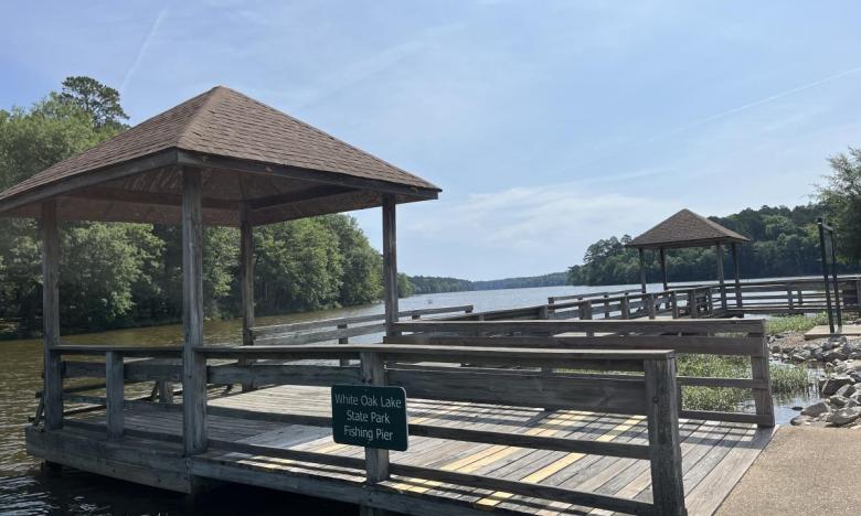 A fishing pier at White Oak Lake State Park.