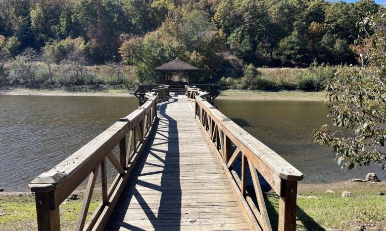 Fishing pier at Lake Bennett at Woolly Hollow State Park. 