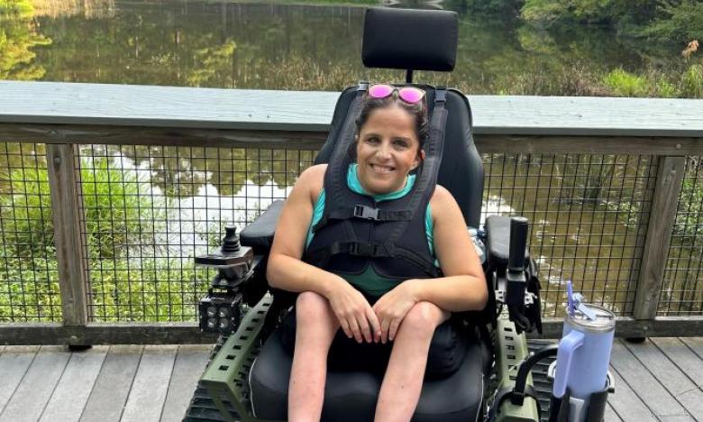 Jennifer Biggers at Logoly State Park in the all-terrain wheelchair. Photo care of Jennifer Biggers.