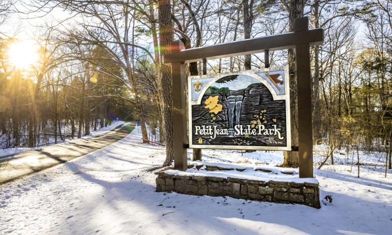 File photo of Petit Jean State Park sign. Photo by Kirk Jordan. 