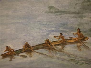 Painting of five American Indians in a canoe traveling on the river.