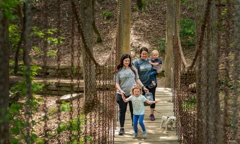 Family on a trail bridge