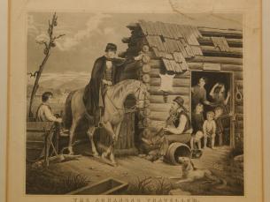 Framed print of The Arkansas Traveler with man on horse greeting eight people at a cabin