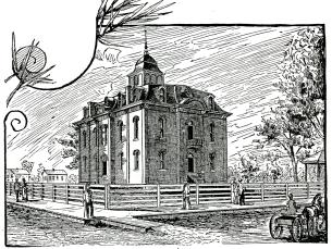a black and white drawing of the Jacksonport State Park courthouse in the 1870s
