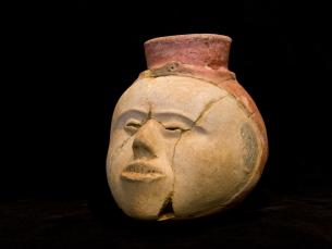 Clay face pot at Parkin Archeological State Park exhibit