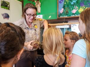 A group of children looking at a turtle held by an Arkansas State Park interpreter during a indoor workshop