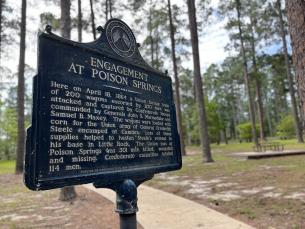 Historical marker at Poison Springs Battleground State Park. 