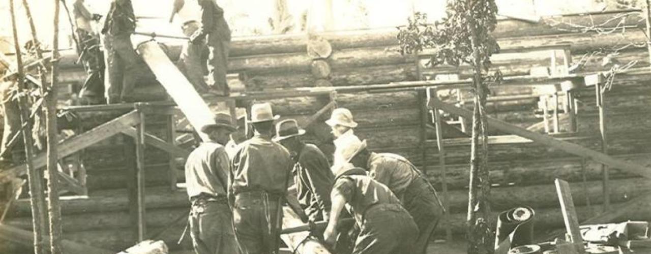 Civilian Conservation Corps men building the Mather Lodge dining room at Petit Jean State Park.