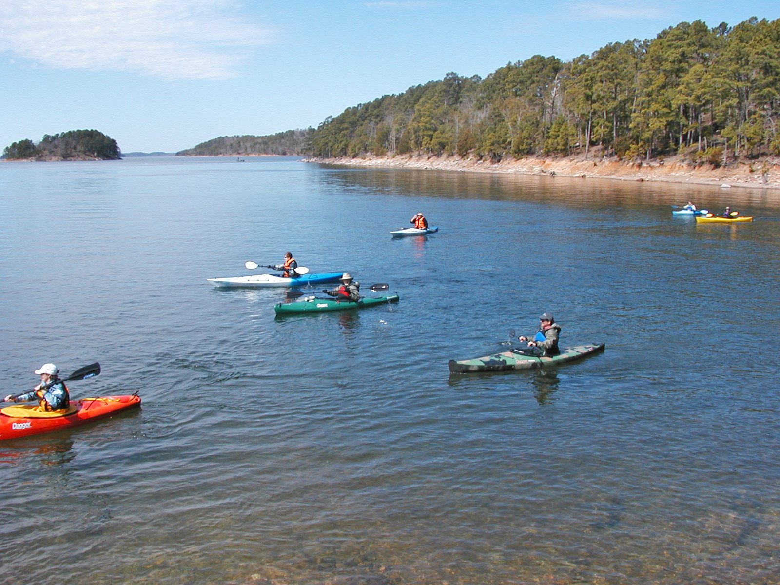Paddling along the shoreline.