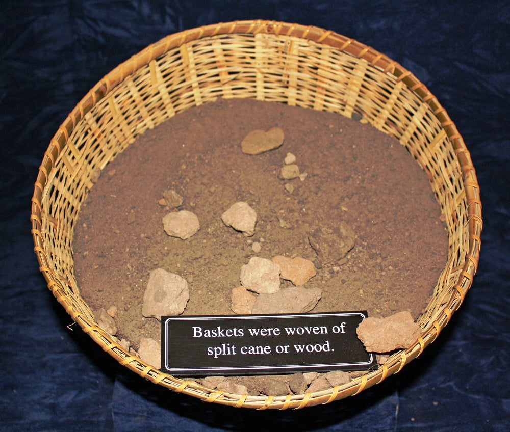 basket Along with chard sticks baskets were used as a prehistoric mound building tool.