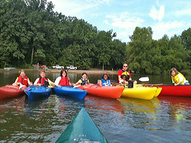 Some of our campers trying out kayaking for the first time.